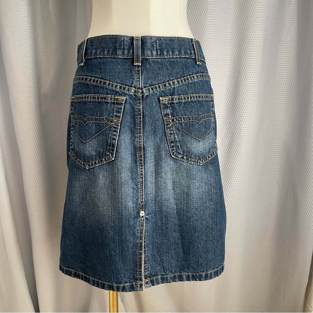 Roxy Classic Blue Denim Jean Skirt Pockets Zip Button Cotton Back Slit Comfy